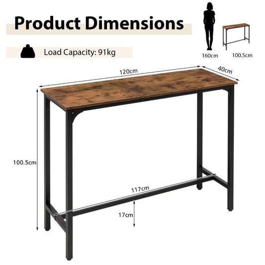 Narrow 120cm industrial bar table with rustic wood grain tabletop, black metal legs, and footrest bar