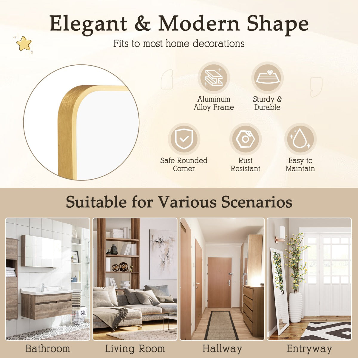 Rectangular Mirror with Aluminum Alloy Frame for Bathroom-Golden