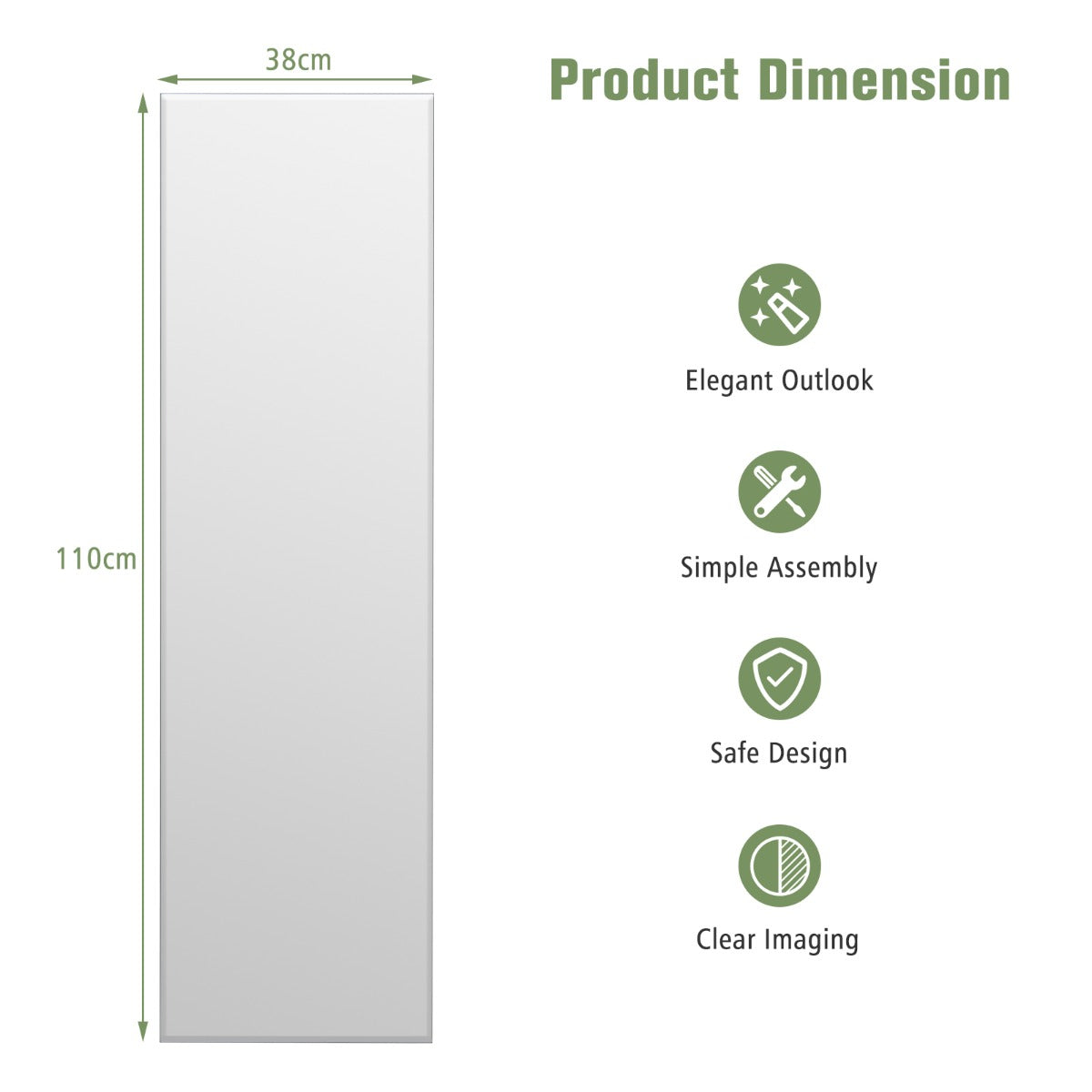 Full-Length 110x38cm Frameless Mirror with Beveled Edge for Home Decor