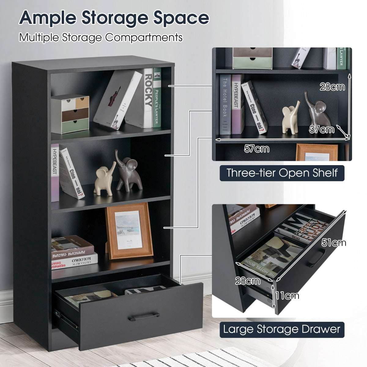 MDF storage rack features three open shelves for display and a drawer for concealed storage