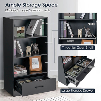 MDF storage rack features three open shelves for display and a drawer for concealed storage