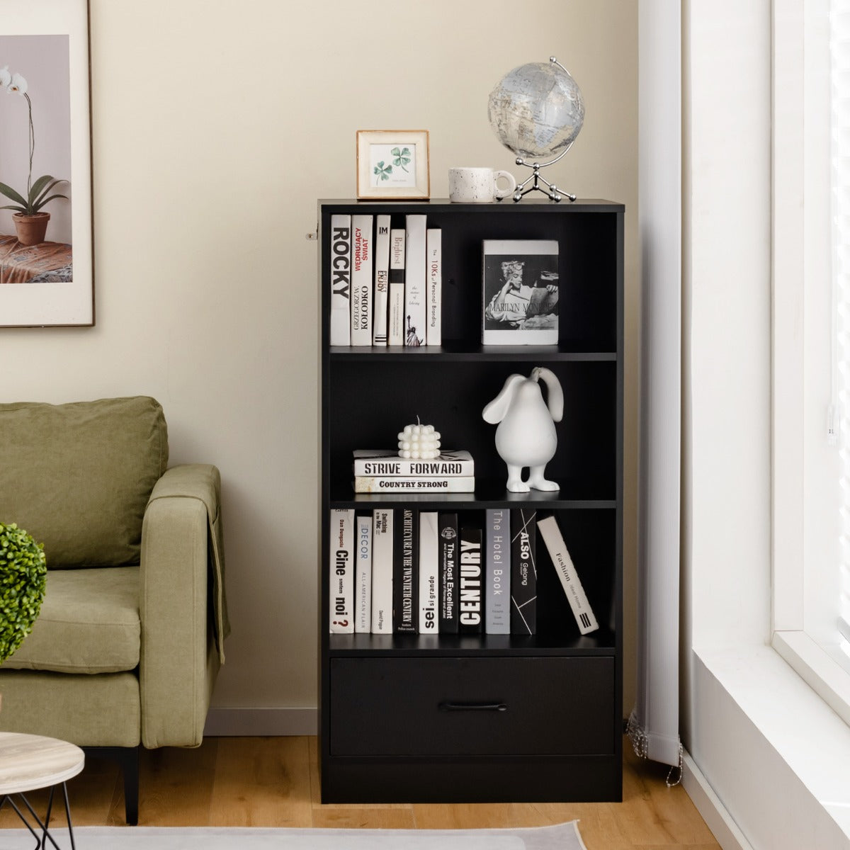 Classic multi-level shelf works as a bookcase, room divider, or living room storage unit
