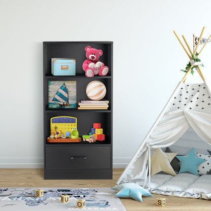 Anti-toppling device secures the tall storage shelf to the wall for improved family safety