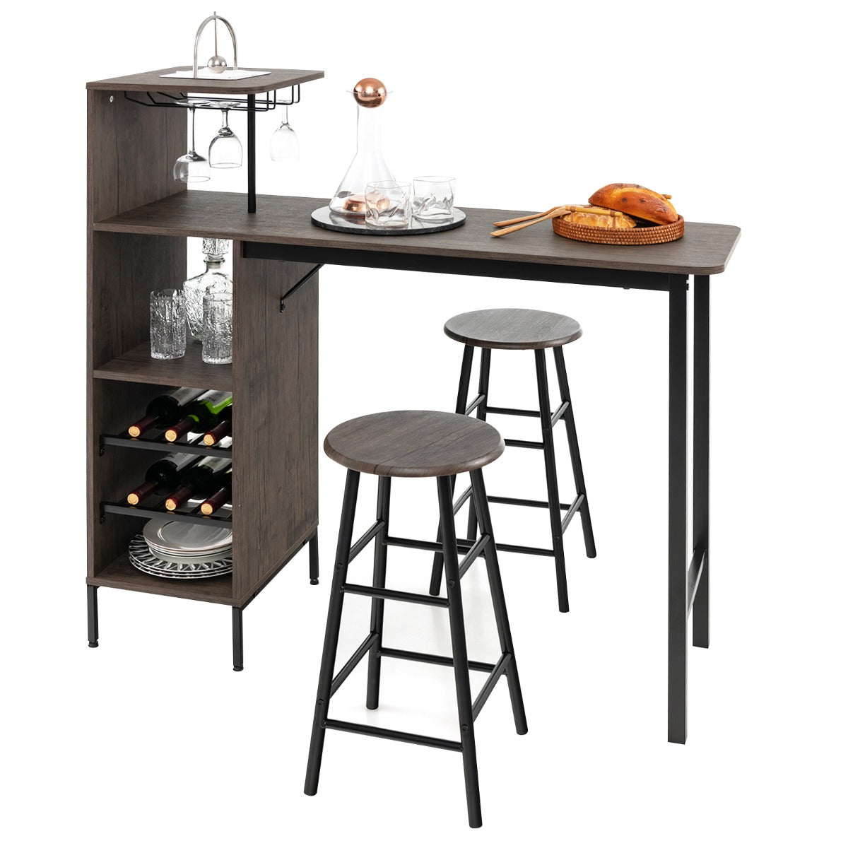 3 Pieces Bar Table & Chair Set with 6-Bottle Wine Racks for Dining Room-Brown