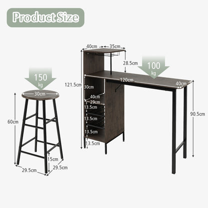 3 Pieces Bar Table & Chair Set with 6-Bottle Wine Racks for Dining Room-Brown