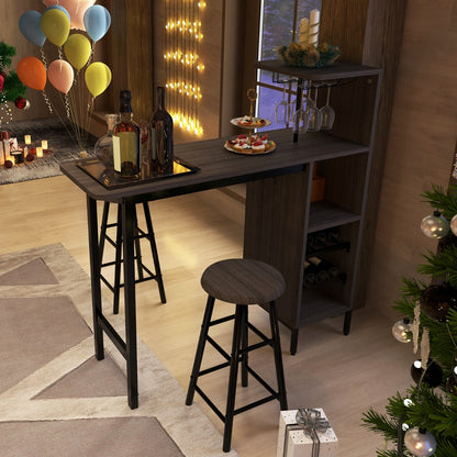 3 Pieces Bar Table & Chair Set with 6-Bottle Wine Racks for Dining Room-Brown