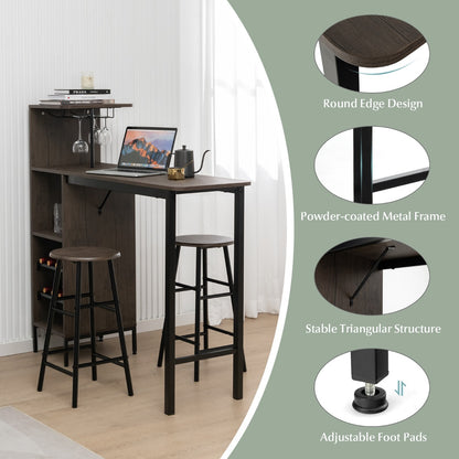 3 Pieces Bar Table & Chair Set with 6-Bottle Wine Racks for Dining Room-Brown