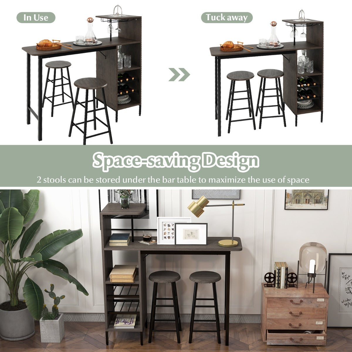 3 Pieces Bar Table & Chair Set with 6-Bottle Wine Racks for Dining Room-Brown