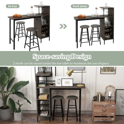 3 Pieces Bar Table & Chair Set with 6-Bottle Wine Racks for Dining Room-Brown