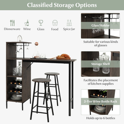3 Pieces Bar Table & Chair Set with 6-Bottle Wine Racks for Dining Room-Brown