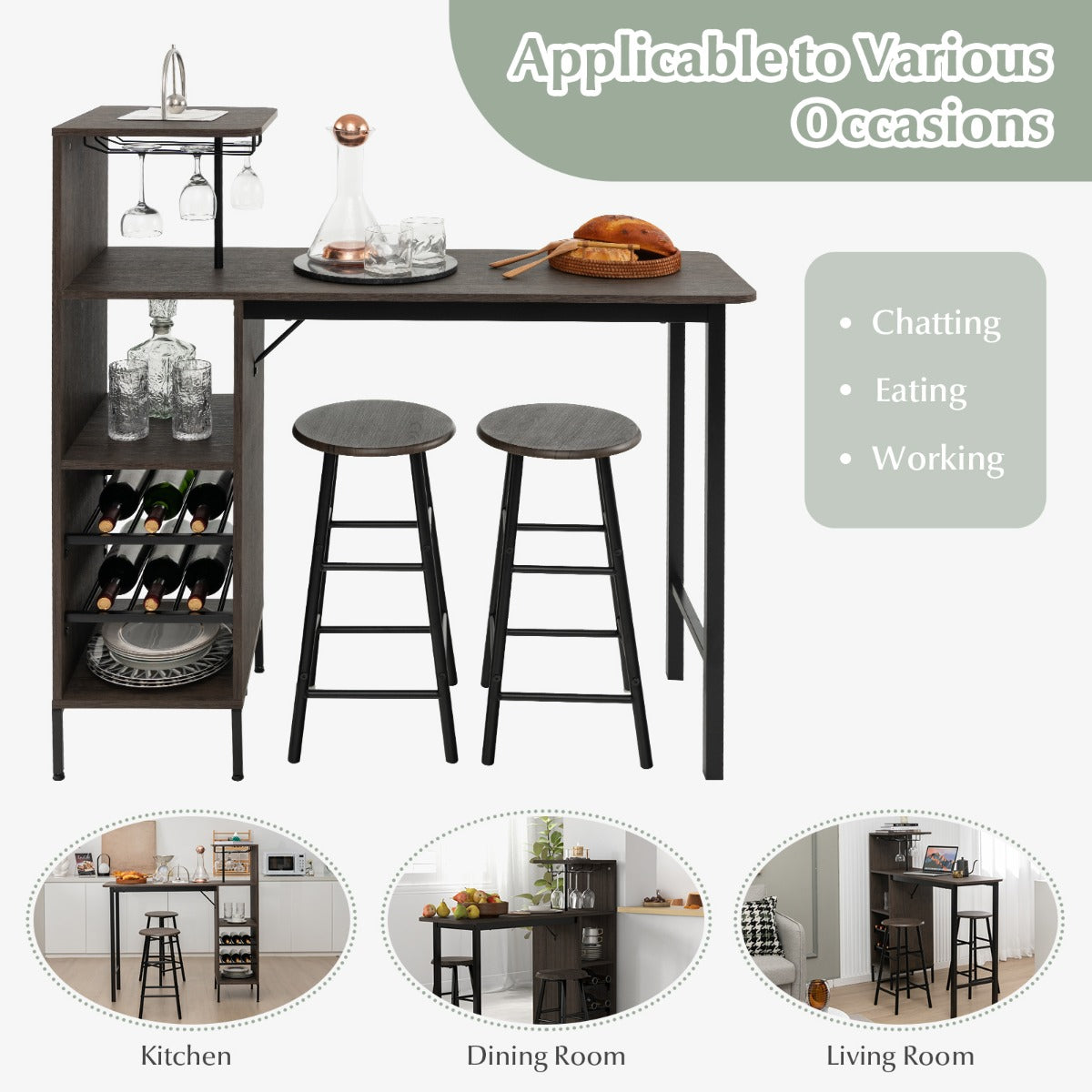 3 Pieces Bar Table & Chair Set with 6-Bottle Wine Racks for Dining Room-Brown