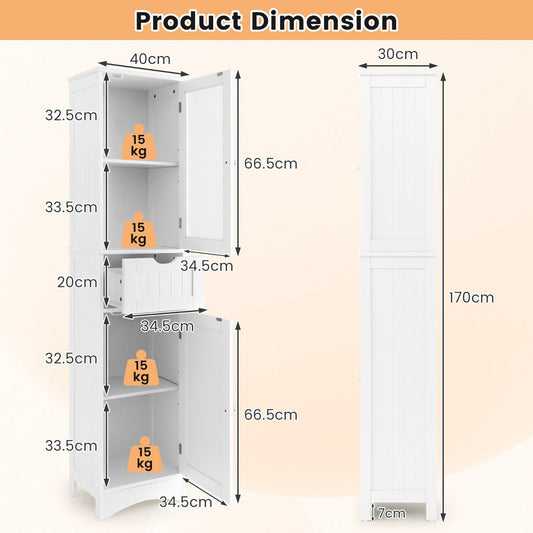Slim 170 cm bathroom tower cabinet maximizes vertical storage while taking up only a compact 40 by 30 cm footprint