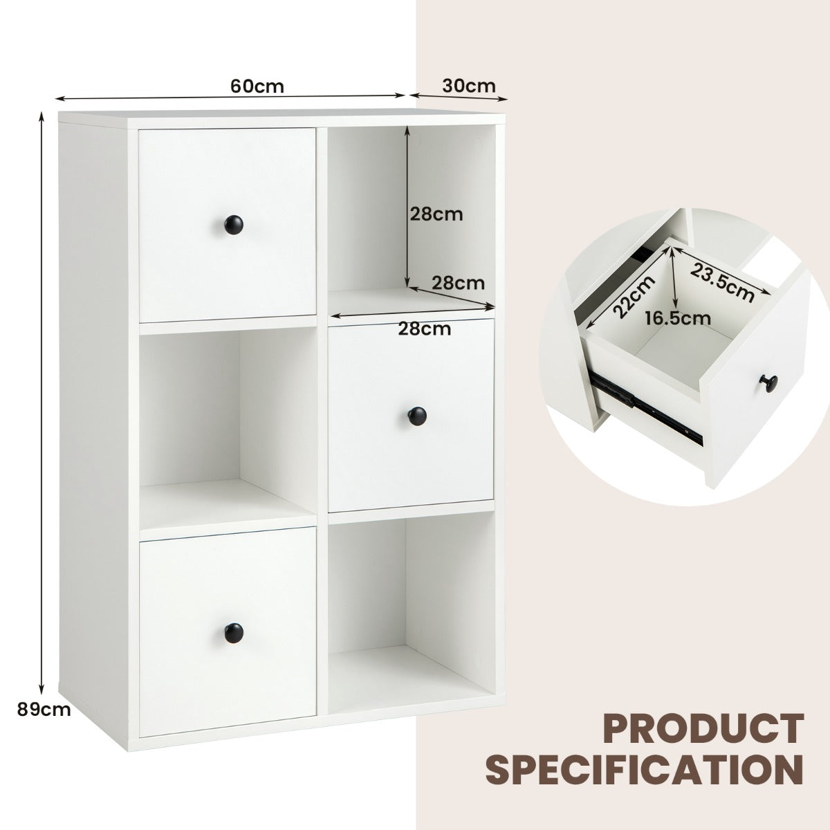3-Tier Bookshelf with 3 Cubes &amp; 3 Drawers for Office-White