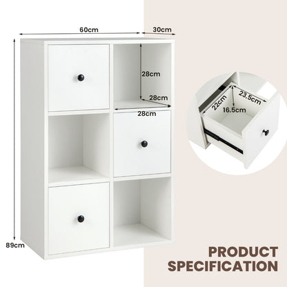 3-Tier Bookshelf with 3 Cubes &amp; 3 Drawers for Office-White