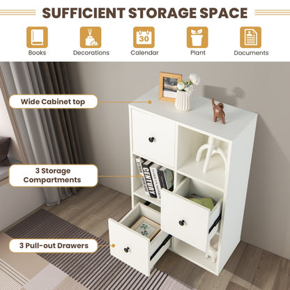 3-Tier Bookshelf with 3 Cubes &amp; 3 Drawers for Office-White