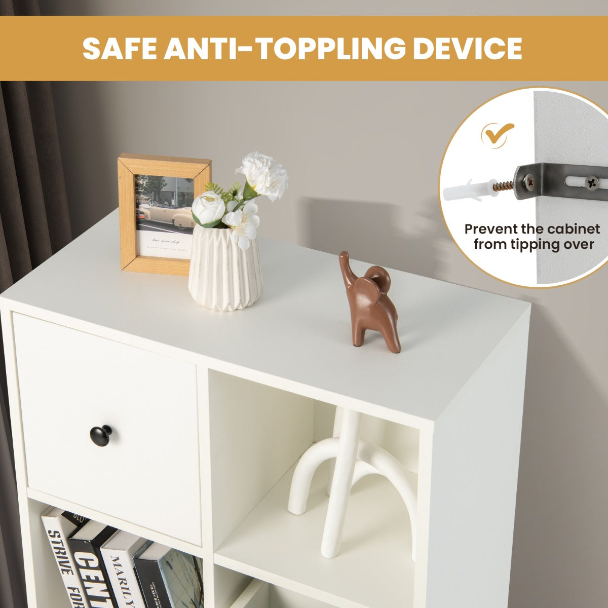 3-Tier Bookshelf with 3 Cubes &amp; 3 Drawers for Office-White