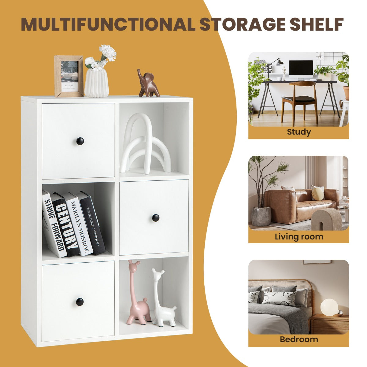 3-Tier Bookshelf with 3 Cubes &amp; 3 Drawers for Office-White