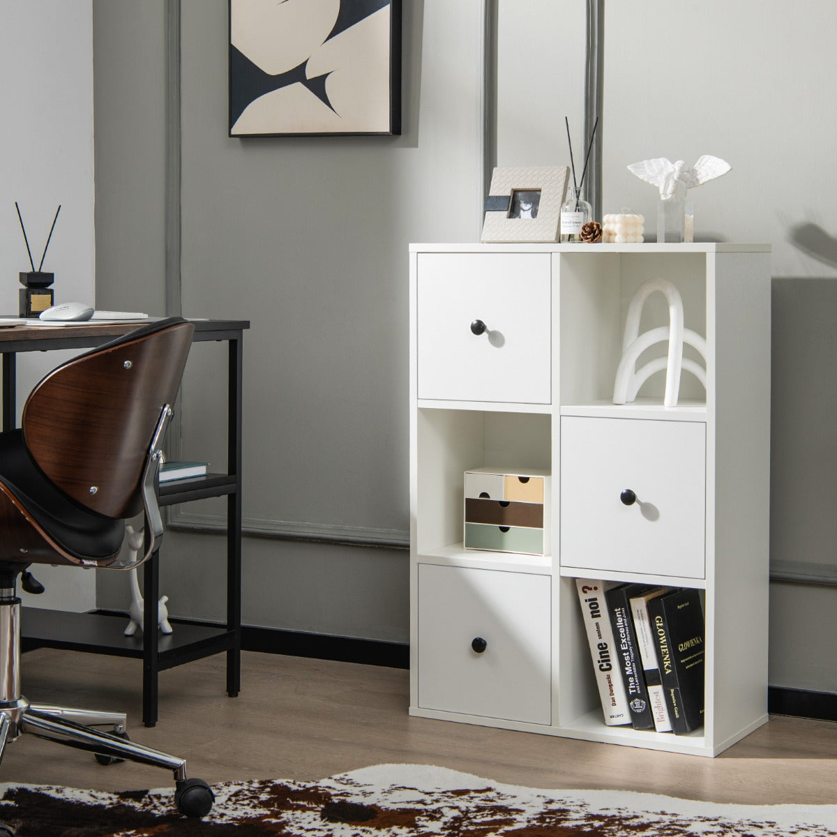 3-Tier Bookshelf with 3 Cubes &amp; 3 Drawers for Office-White