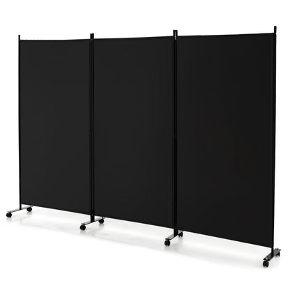 180 CM 3-Panel Folding Room Divider with Lockable Wheels-Black