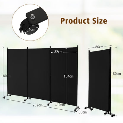 180 CM 3-Panel Folding Room Divider with Lockable Wheels-Black