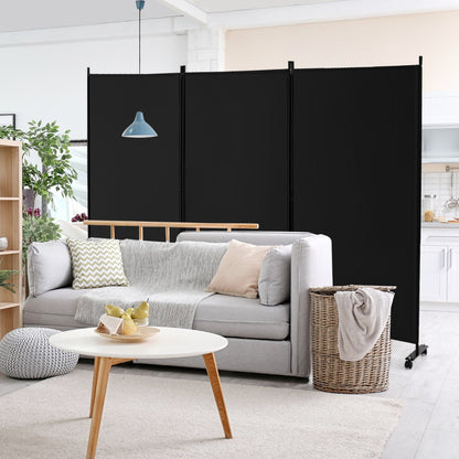 180 CM 3-Panel Folding Room Divider with Lockable Wheels-Black