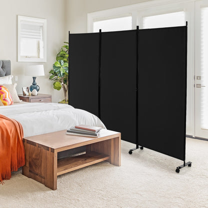 180 CM 3-Panel Folding Room Divider with Lockable Wheels-Black
