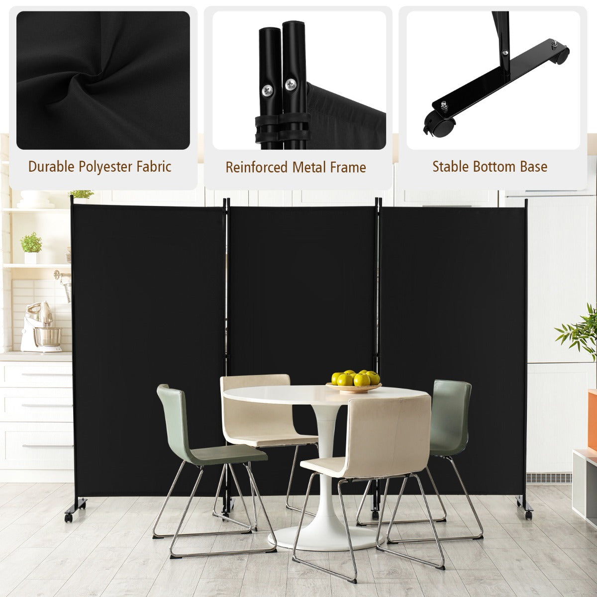 180 CM 3-Panel Folding Room Divider with Lockable Wheels-Black