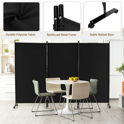 180 CM 3-Panel Folding Room Divider with Lockable Wheels-Black