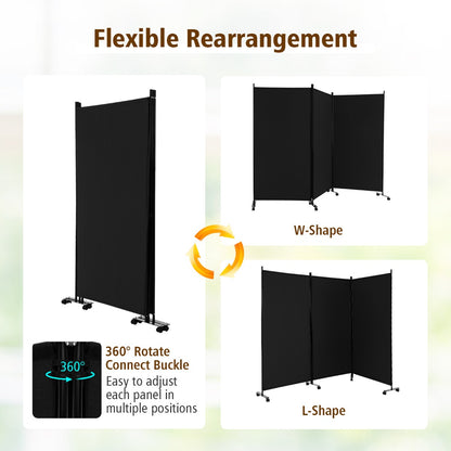 180 CM 3-Panel Folding Room Divider with Lockable Wheels-Black