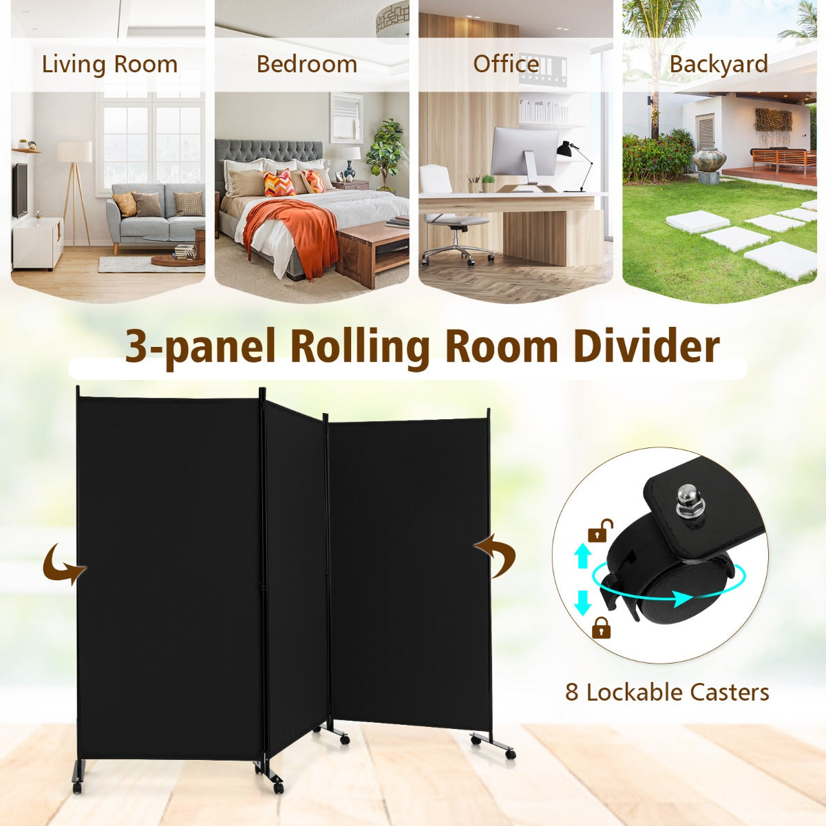 180 CM 3-Panel Folding Room Divider with Lockable Wheels-Black