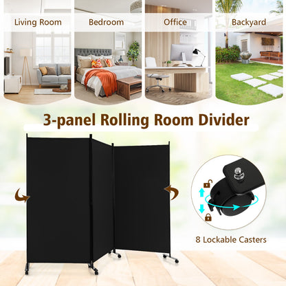 180 CM 3-Panel Folding Room Divider with Lockable Wheels-Black