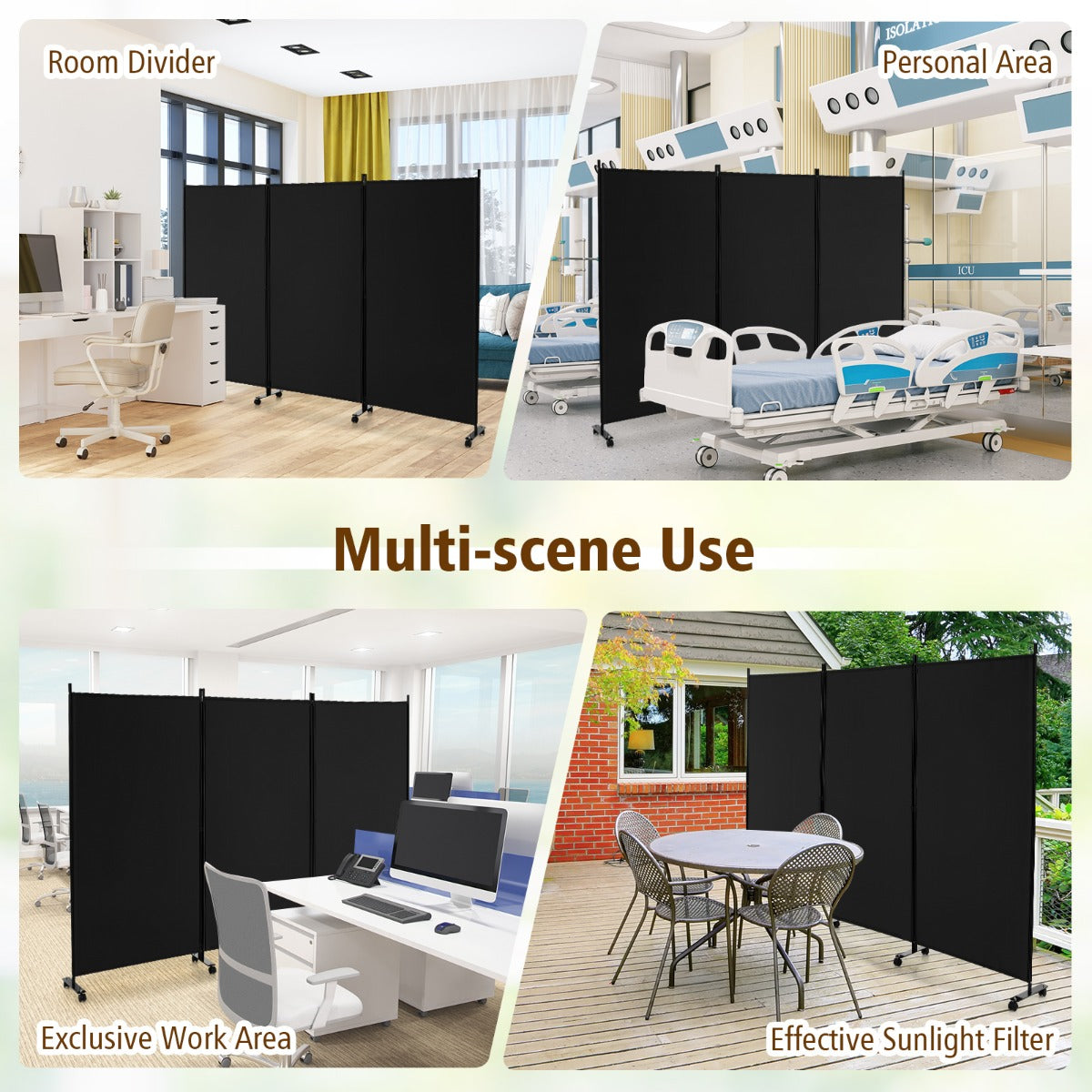 180 CM 3-Panel Folding Room Divider with Lockable Wheels-Black
