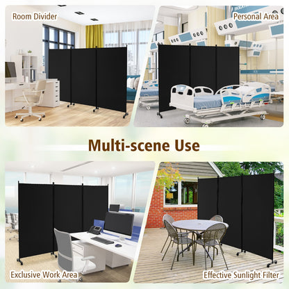 180 CM 3-Panel Folding Room Divider with Lockable Wheels-Black