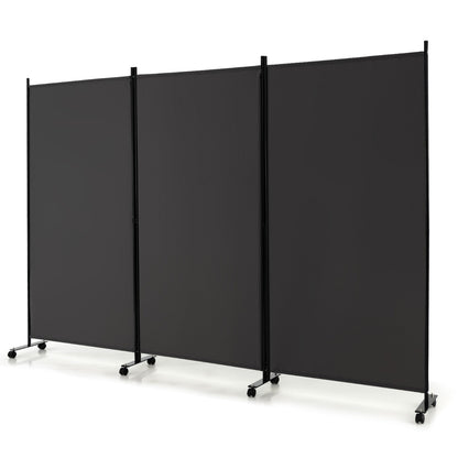 180 CM 3-Panel Folding Room Divider with Lockable Wheels-Grey