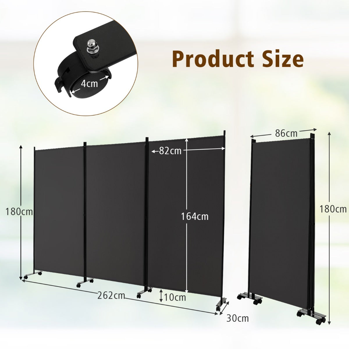180 CM 3-Panel Folding Room Divider with Lockable Wheels-Grey
