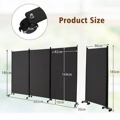 180 CM 3-Panel Folding Room Divider with Lockable Wheels-Grey