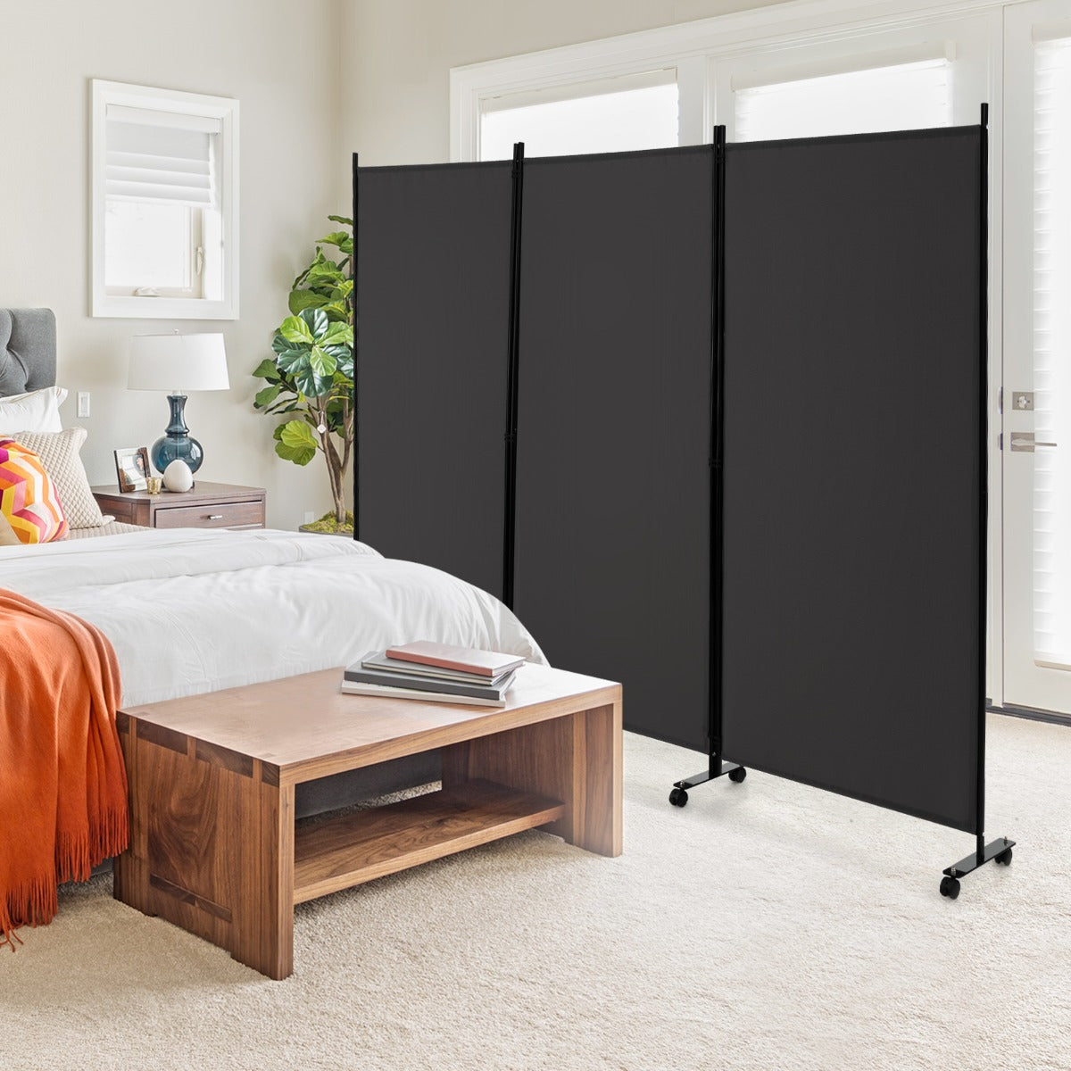 180 CM 3-Panel Folding Room Divider with Lockable Wheels-Grey