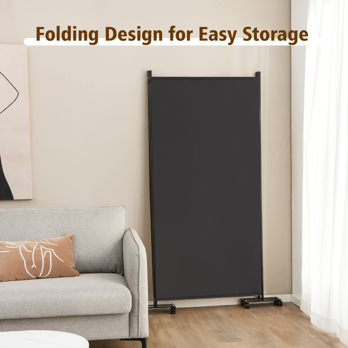180 CM 3-Panel Folding Room Divider with Lockable Wheels-Grey