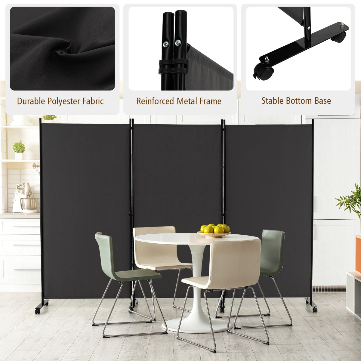 180 CM 3-Panel Folding Room Divider with Lockable Wheels-Grey