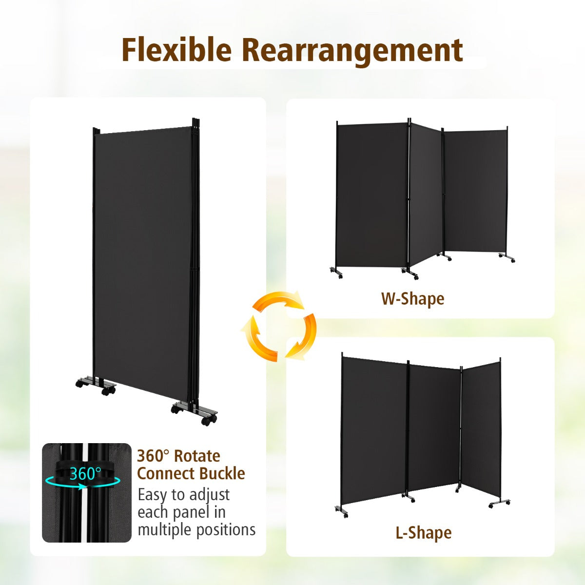 180 CM 3-Panel Folding Room Divider with Lockable Wheels-Grey