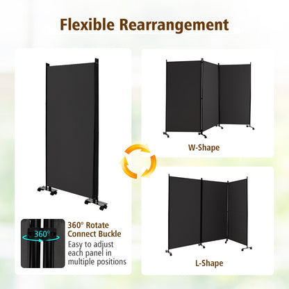 180 CM 3-Panel Folding Room Divider with Lockable Wheels-Grey