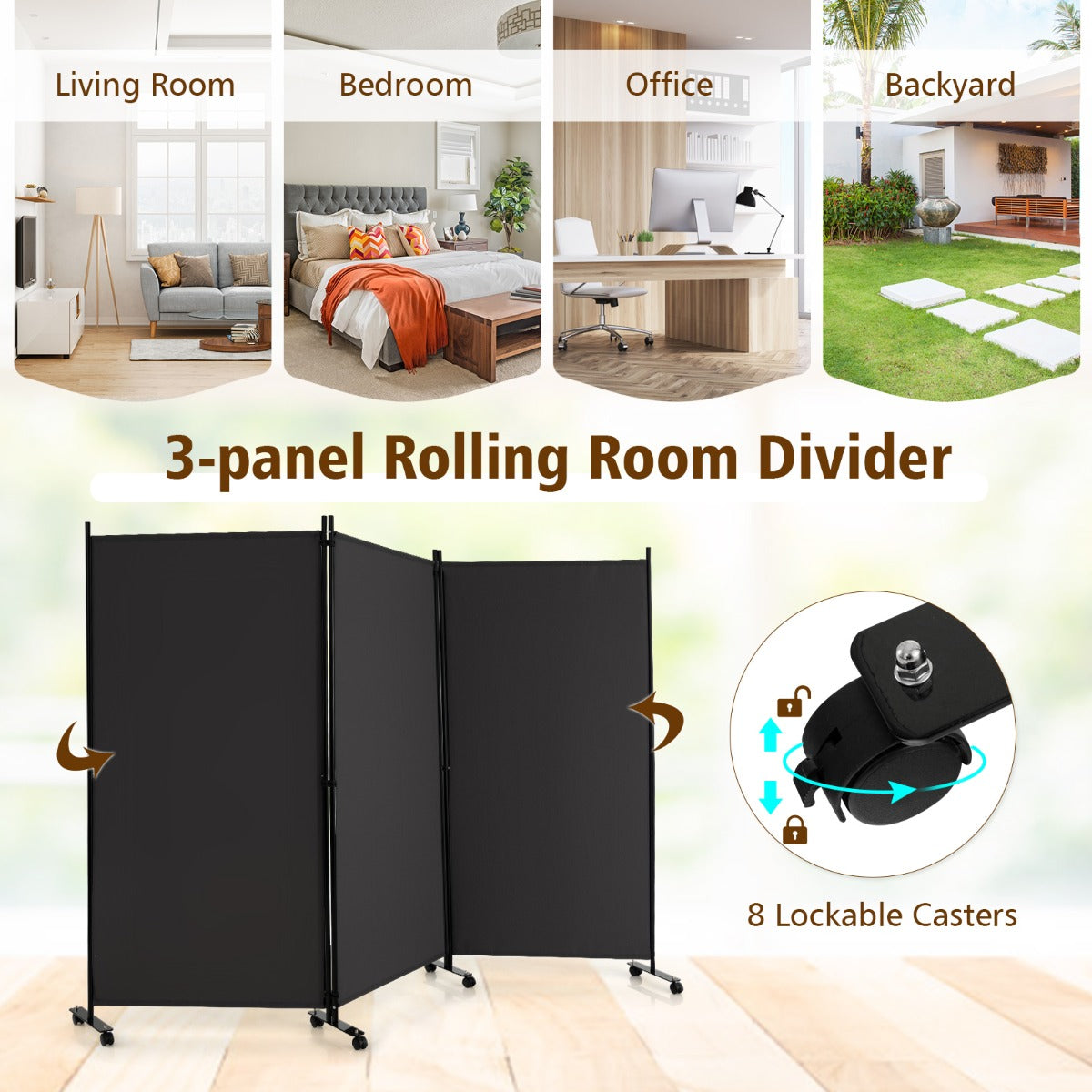 180 CM 3-Panel Folding Room Divider with Lockable Wheels-Grey