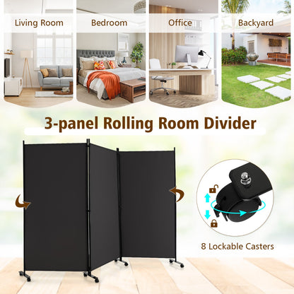 180 CM 3-Panel Folding Room Divider with Lockable Wheels-Grey