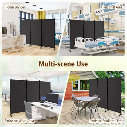 180 CM 3-Panel Folding Room Divider with Lockable Wheels-Grey