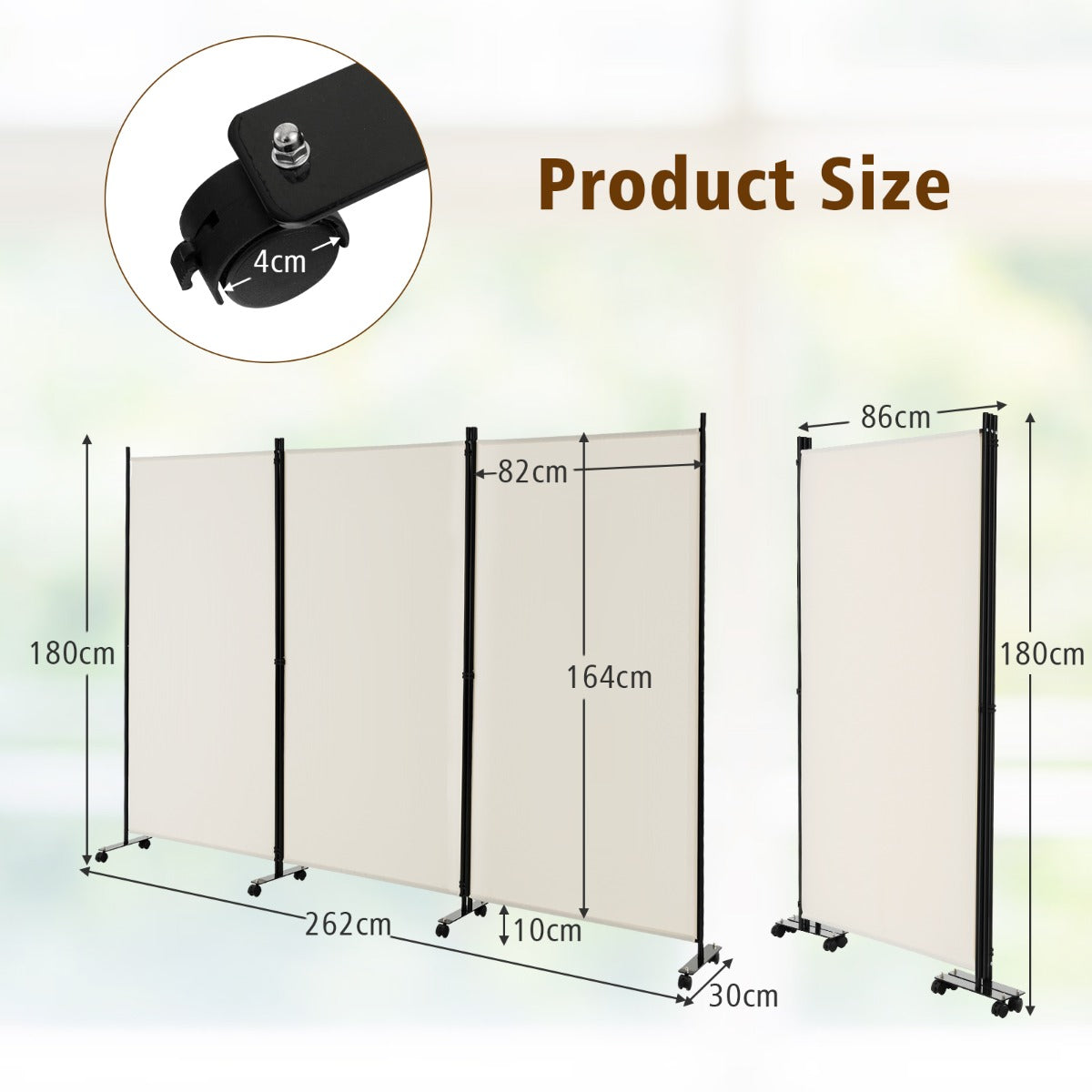 180 CM 3-Panel Folding Room Divider with Lockable Wheels-White