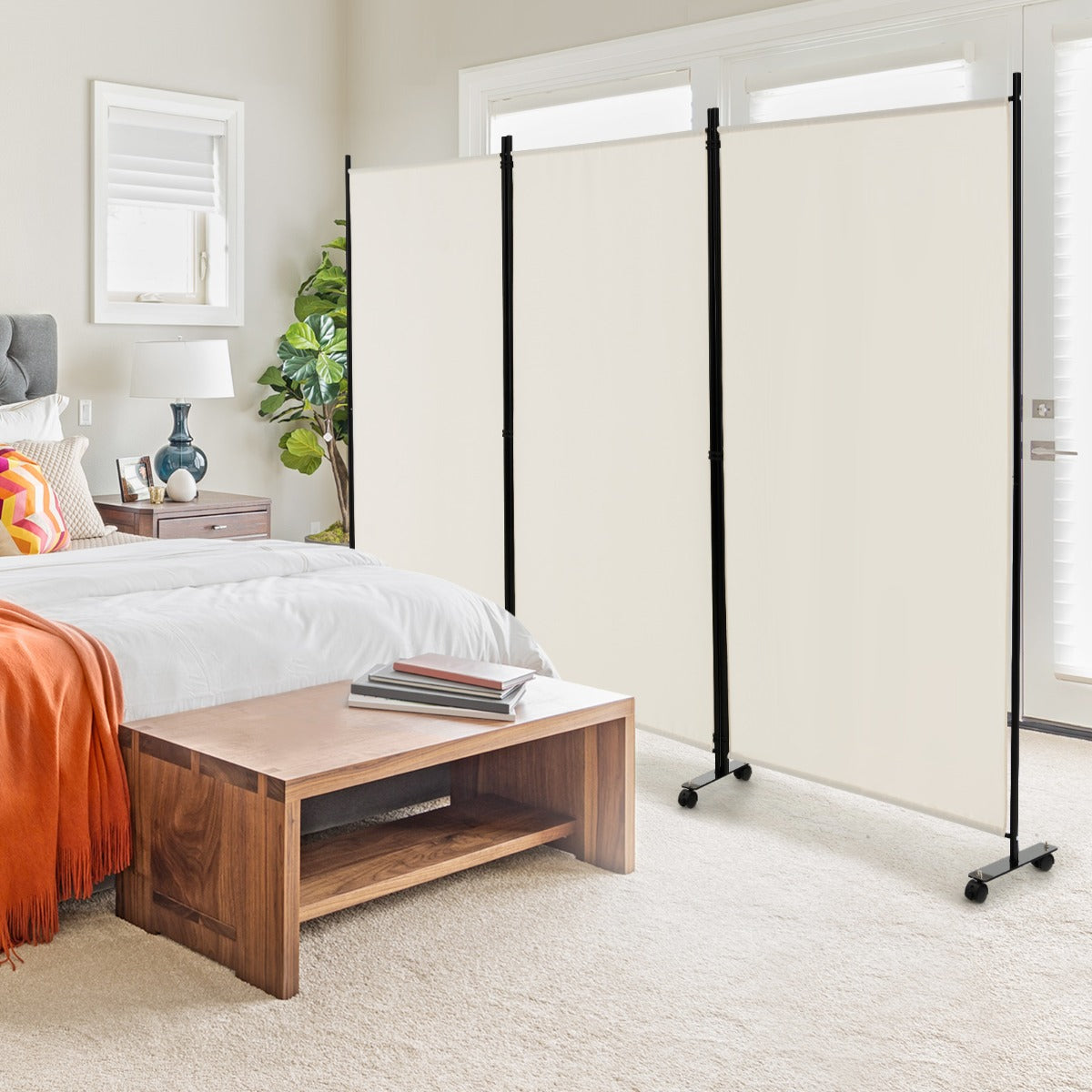 180 CM 3-Panel Folding Room Divider with Lockable Wheels-White