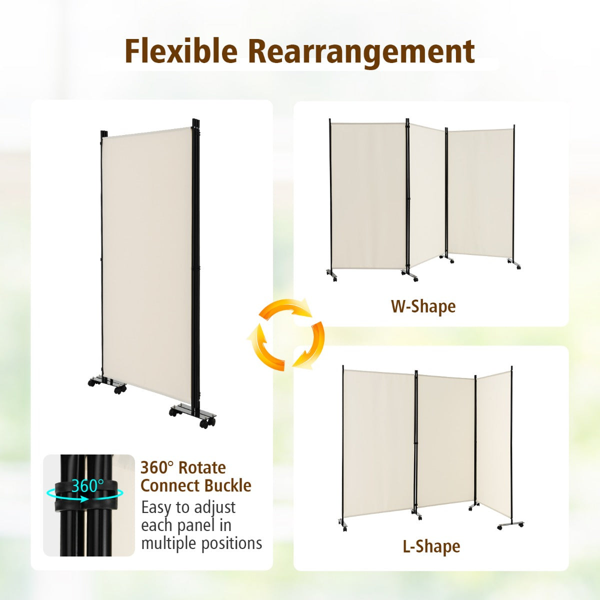 180 CM 3-Panel Folding Room Divider with Lockable Wheels-White
