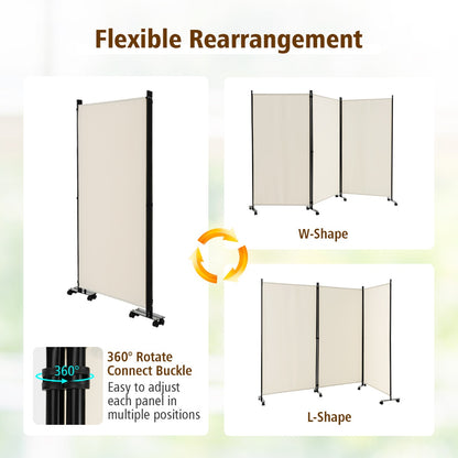 180 CM 3-Panel Folding Room Divider with Lockable Wheels-White