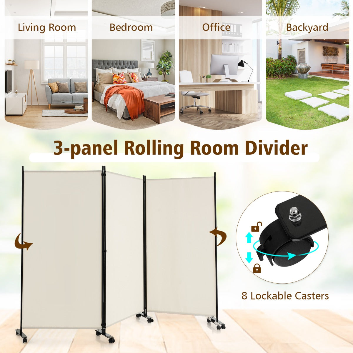 180 CM 3-Panel Folding Room Divider with Lockable Wheels-White