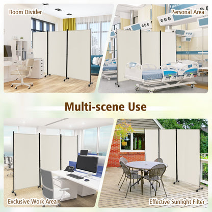 180 CM 3-Panel Folding Room Divider with Lockable Wheels-White
